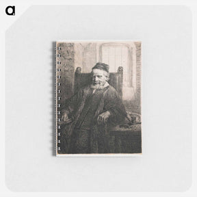 アートメモ帳-Rembrandt van Rijn's slightly longer than 3/4 portrait of a seated man with beard and moustache, wearing a cap, vest with many small buttons and long cloak; man holds an object in his PR hand; table a - レンブラント ファン レイン Memo.