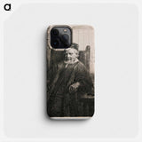 Rembrandt van Rijn's slightly longer than 3/4 portrait of a seated man with beard and moustache, wearing a cap, vest with many small buttons and a long cloak; man holds an object in his PR hand; table a - Rembrandt van Rijn Phone Case.