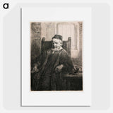 Rembrandt van Rijn's slightly longer than 3/4 portrait of a seated man with beard and moustache, wearing a cap, vest with many small buttons and a long cloak; man holds an object in his PR hand; table a - Rembrandt van Rijn Poster.