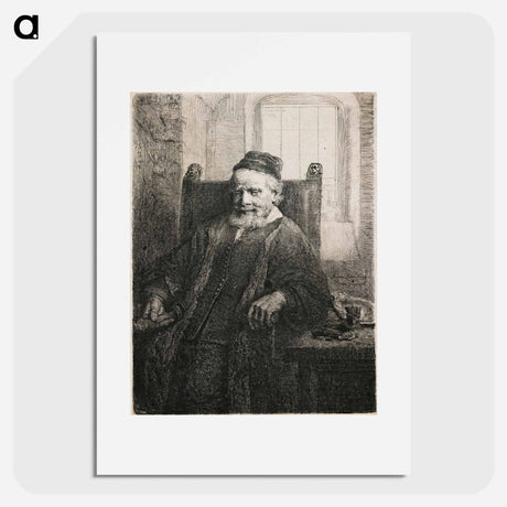 アートポスター-Rembrandt van Rijn's slightly longer than 3/4 portrait of a seated man with beard and moustache, wearing a cap, vest with many small buttons and long cloak; man holds an object in his PR hand; table a - レンブラント ファン レイン Poster.