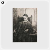 アートポストカード-Rembrandt van Rijn's slightly longer than 3/4 portrait of a seated man with beard and moustache, wearing a cap, vest with many small buttons and long cloak; man holds an object in his PR hand; table a - レンブラント ファン レイン Postcard.