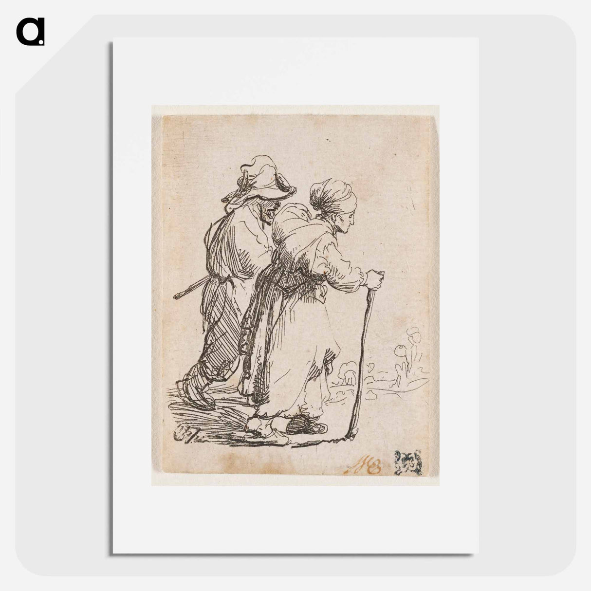 Rembrandt van Rijn's man in background and woman in foreground walking toward the right edge of the picture plane - Rembrandt van Rijn Poster.