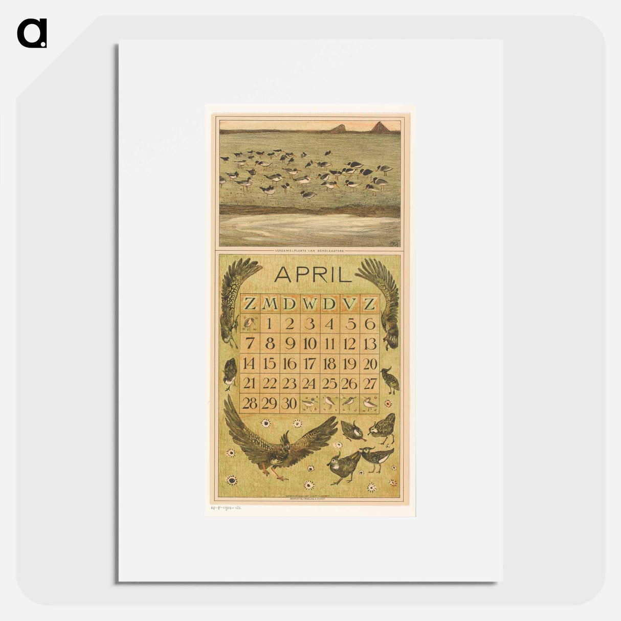 Kalenderblad april met scholeksters en kieviten - テオ ヴァン ホイテマ Poster.
