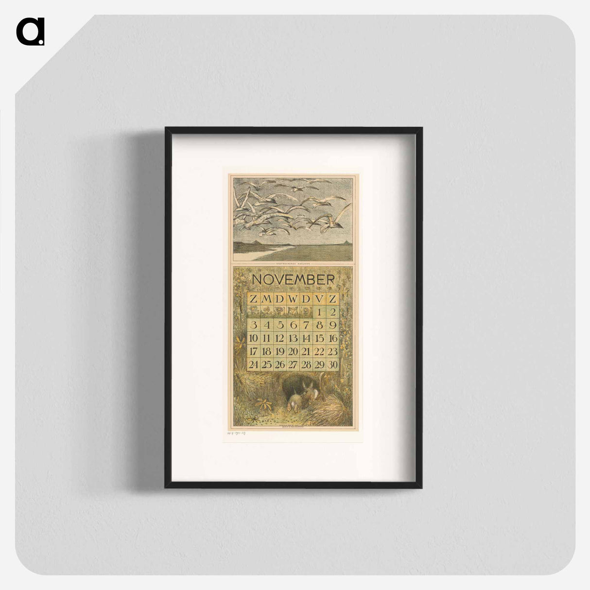 Kalenderblad november met meeuwen en konijnen - テオ ヴァン ホイテマ Poster.