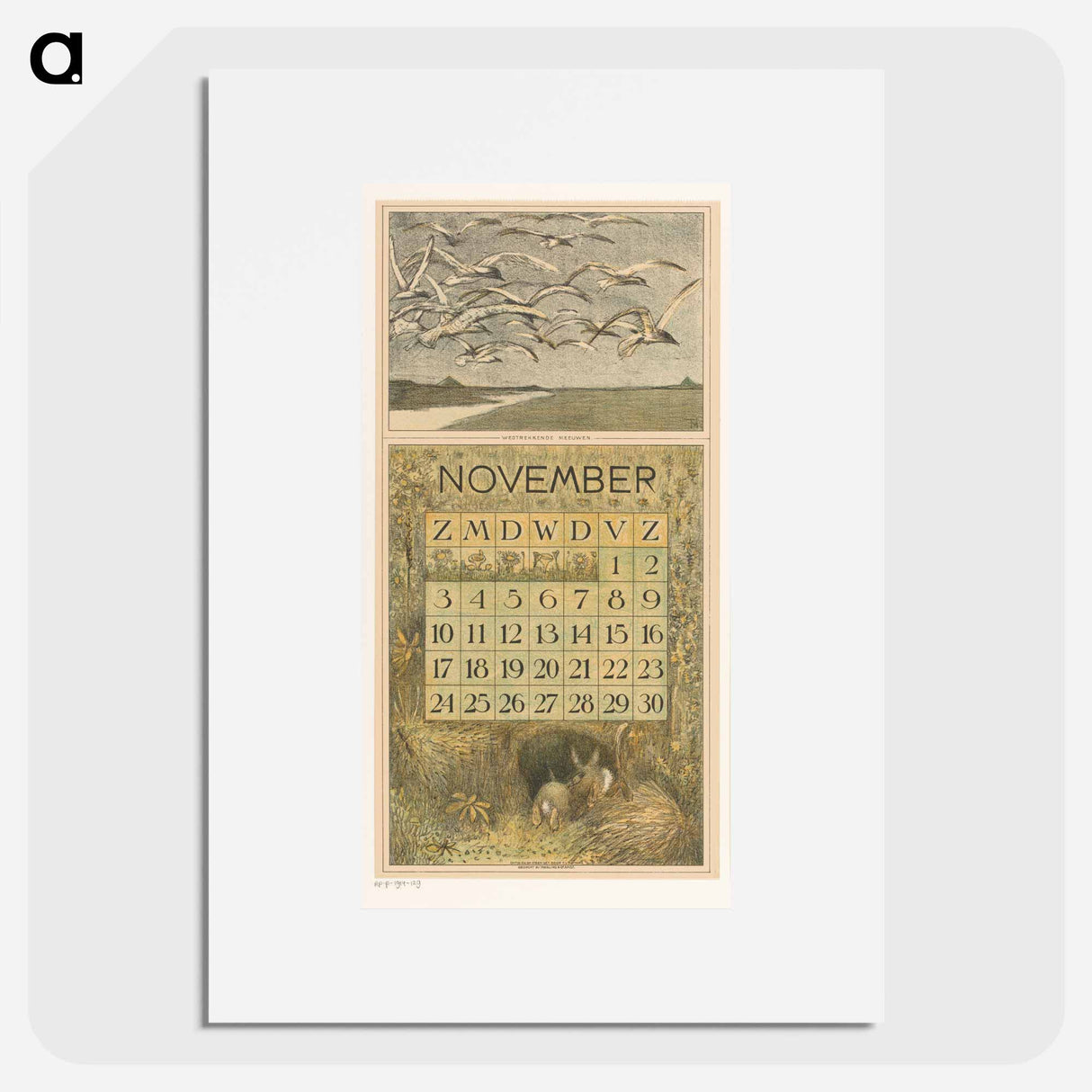 Kalenderblad november met meeuwen en konijnen - テオ ヴァン ホイテマ Poster.