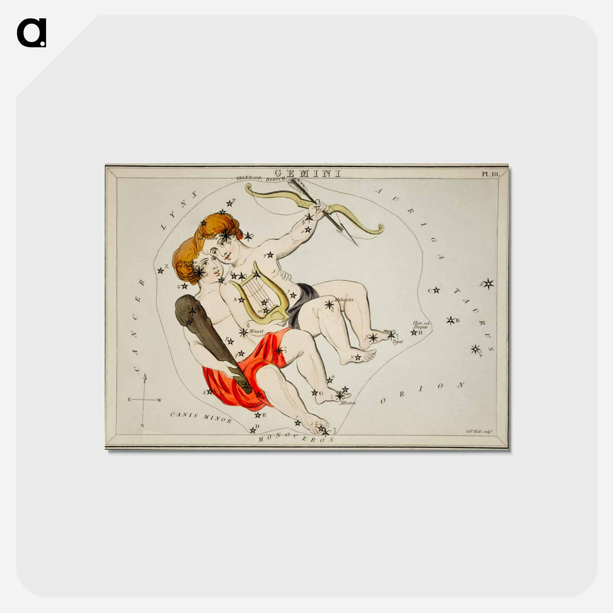 アートポストカード-Sidney Hall’s astronomical chart illustration of the zodiac Gemini - アンティーク地図 Postcard.