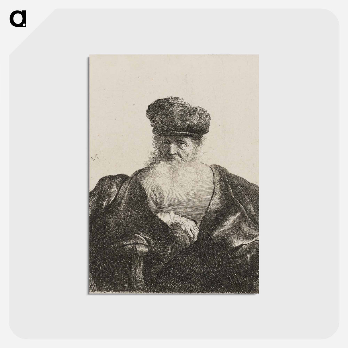 アートポストカード-Old Man Seated with Flowing Beard, Fur Cap and Velvet Cloak - レンブラント ファン レイン Postcard.