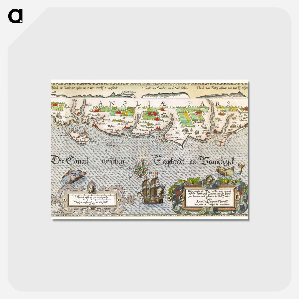 アートポストカード-Kaart van de Zuidengelse kust tussen de Isle of Wight en Dover - アンティーク地図 Postcard.