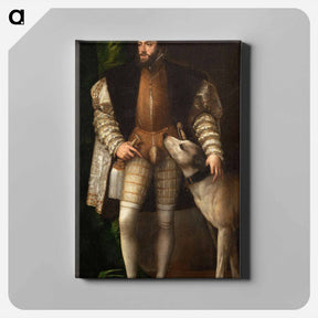 アートパネル-Portrait of Emperor Charles V with dog - ティツィアーノ ヴェチェッリオ Canvas.