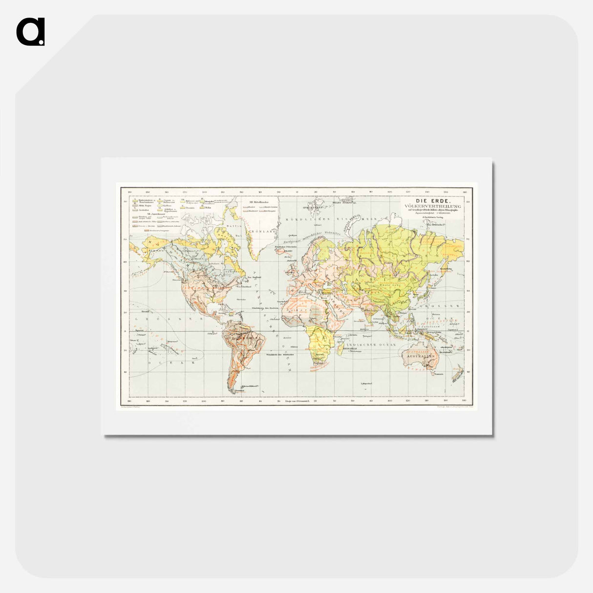 アートポストカード-Die Erde. Eine allgemeine Erd- und Länderkunde - アンティーク地図 Postcard.