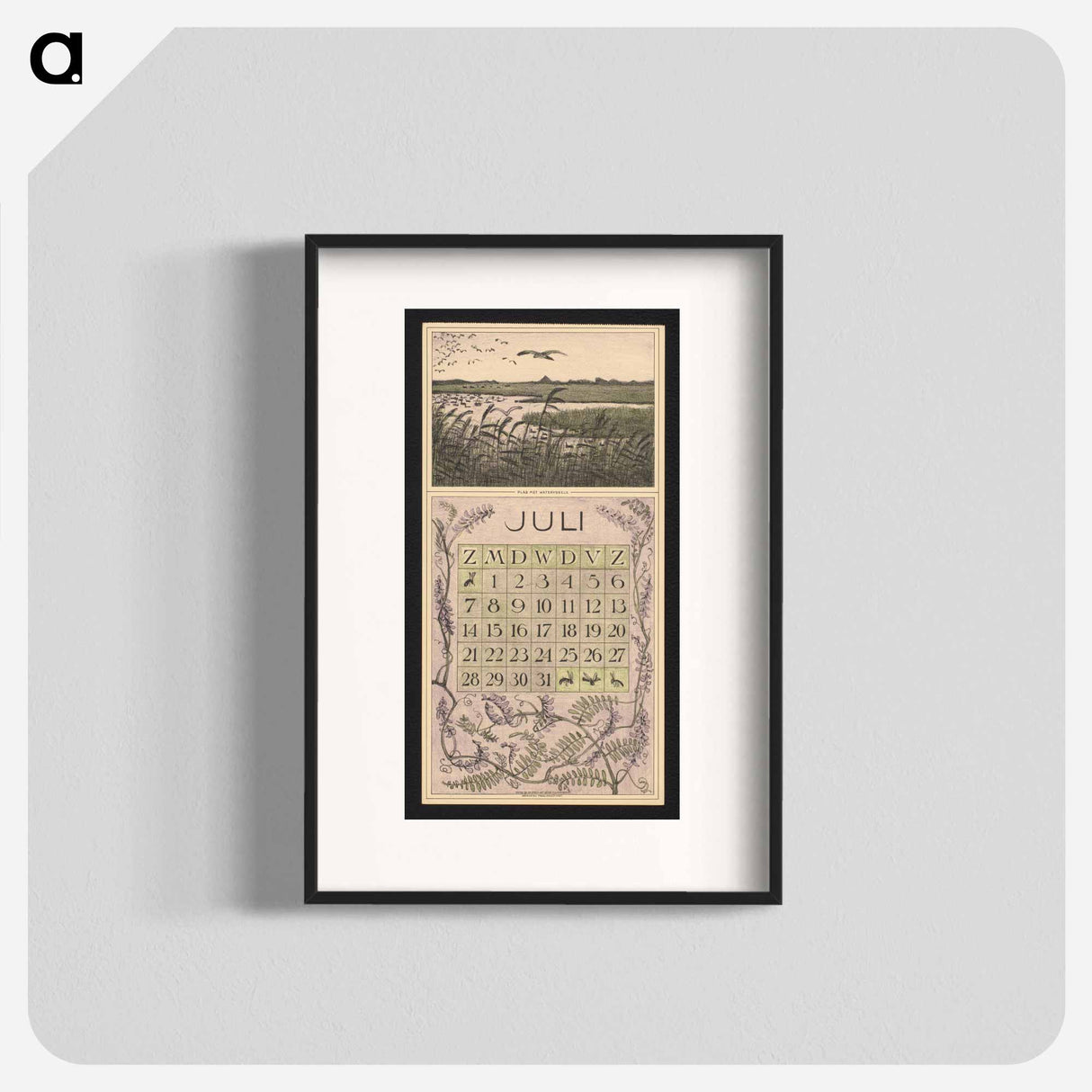 Kalenderblad voor juli 1912 met een waterrijk landschap met vogels by Theo van Hoytema - テオ ヴァン ホイテマ Poster.