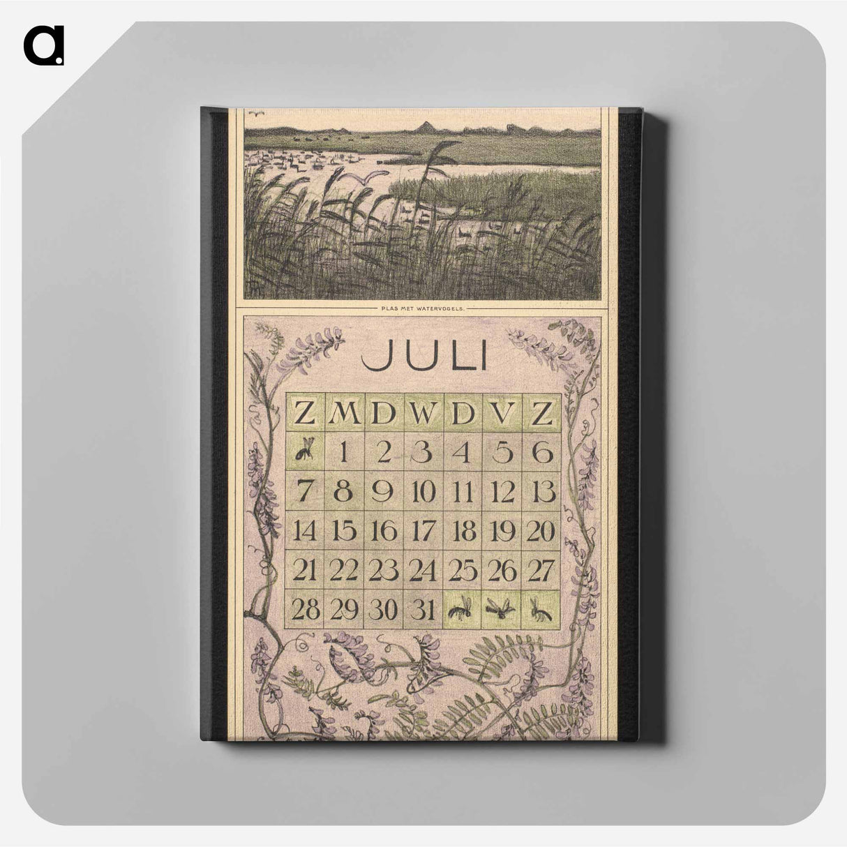 Calendar for July 1912 with a waterfront landscape with trees by Theo van Hoytema - Theo van Hoytema Canvas.