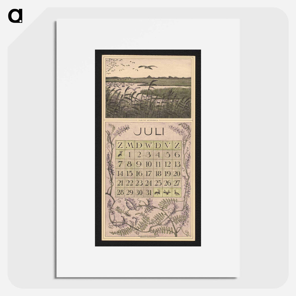 Calendar for July 1912 with a waterfront landscape with vogels by Theo van Hoytema - Theo van Hoytema Poster.