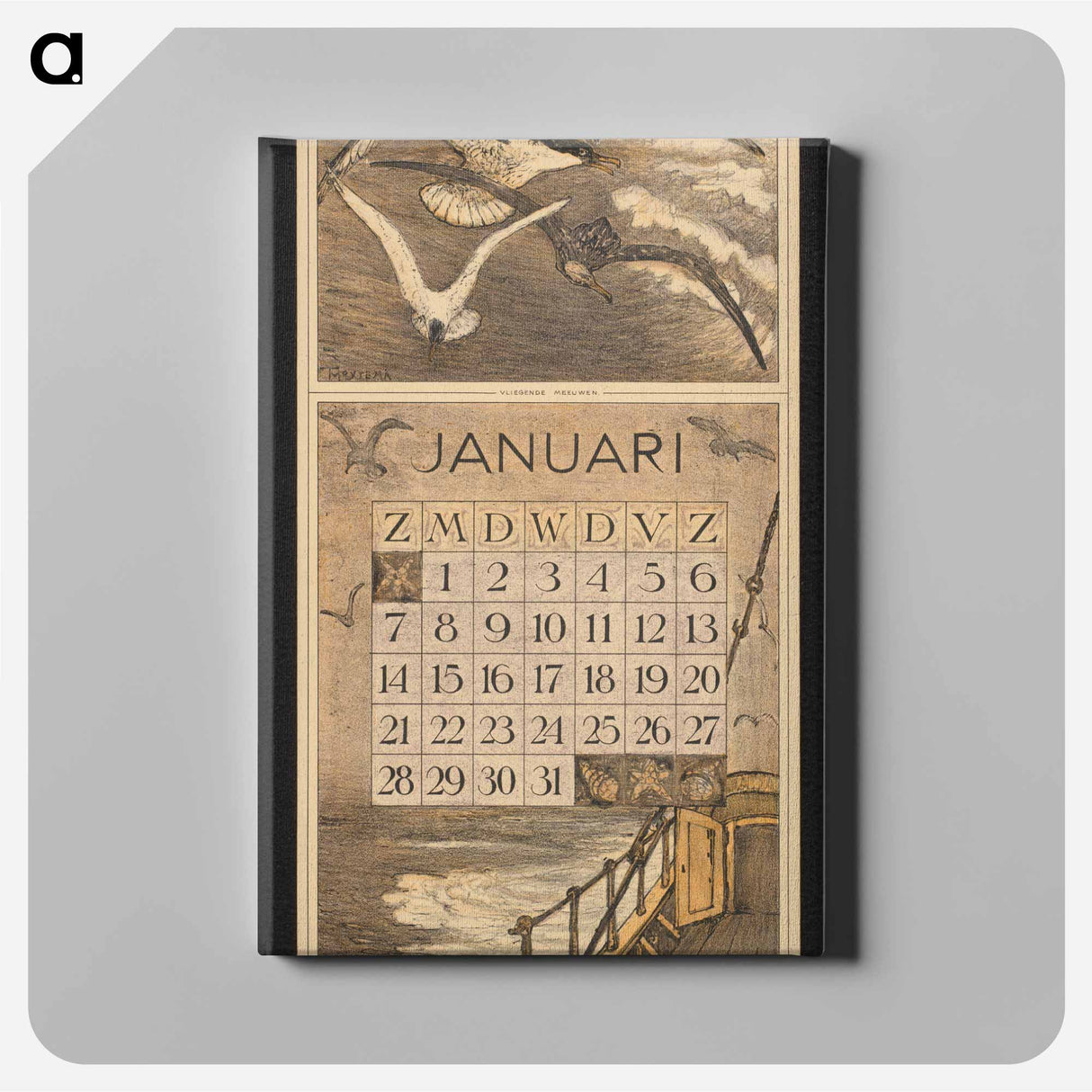 Kalenderblad voor januari 1912 met drie meeuwen boven zee - テオ ヴァン ホイテマ Canvas.