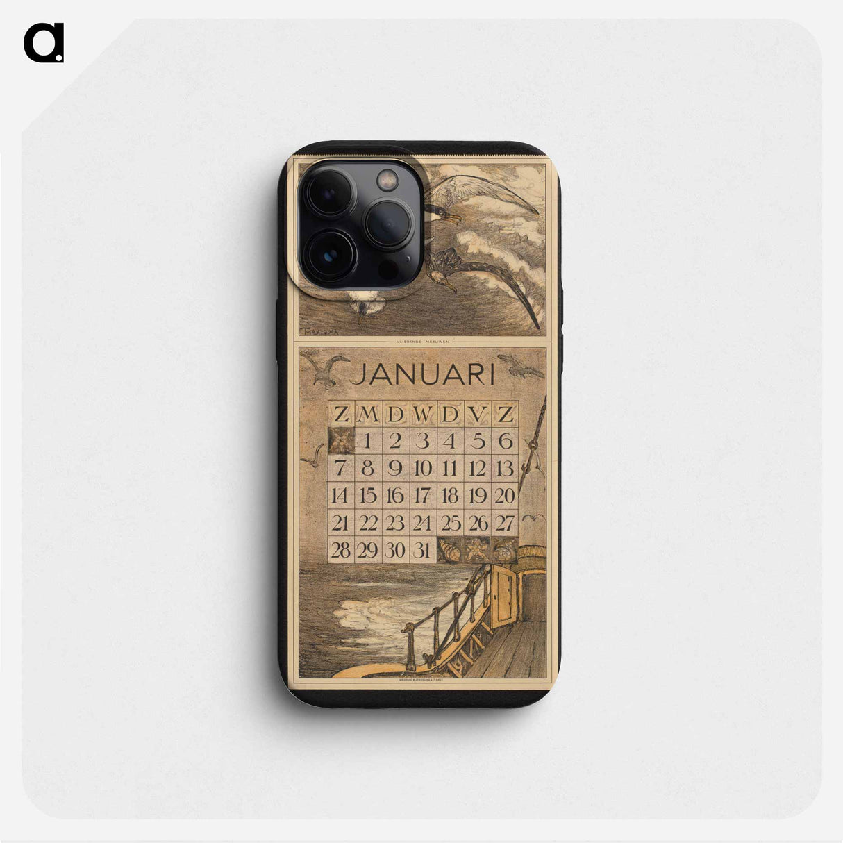 Kalenderblad voor januari 1912 met drie meeuwen boven zee - テオ ヴァン ホイテマ Phone Case.