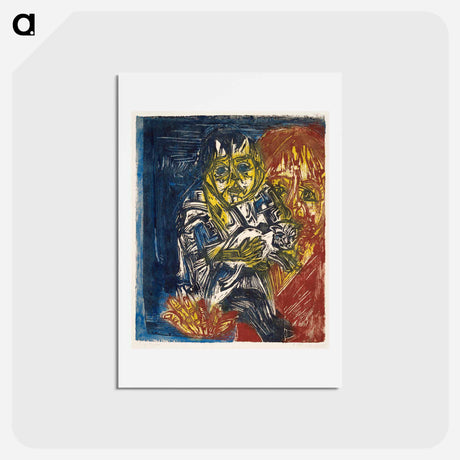 アートポストカード-Woman with a Child and a Cat - エルンスト ルートヴィヒ キルヒナー Postcard.