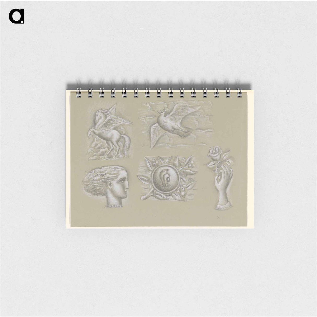 Pegasus, duif, vrouwenhoofd, wapen en hand met roos - レオ ヘステル Memo.