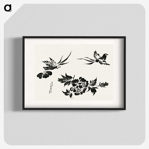 錦の花鳥文 尾長鳥と牡丹（墨画） - 八丘椿 Poster.
