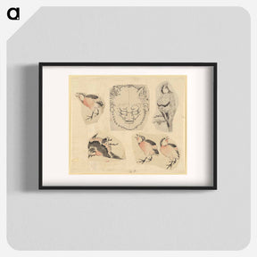 アートポスター-Four sketches of birds and one design for a grotesque mask - 葛飾 北斎 Poster.