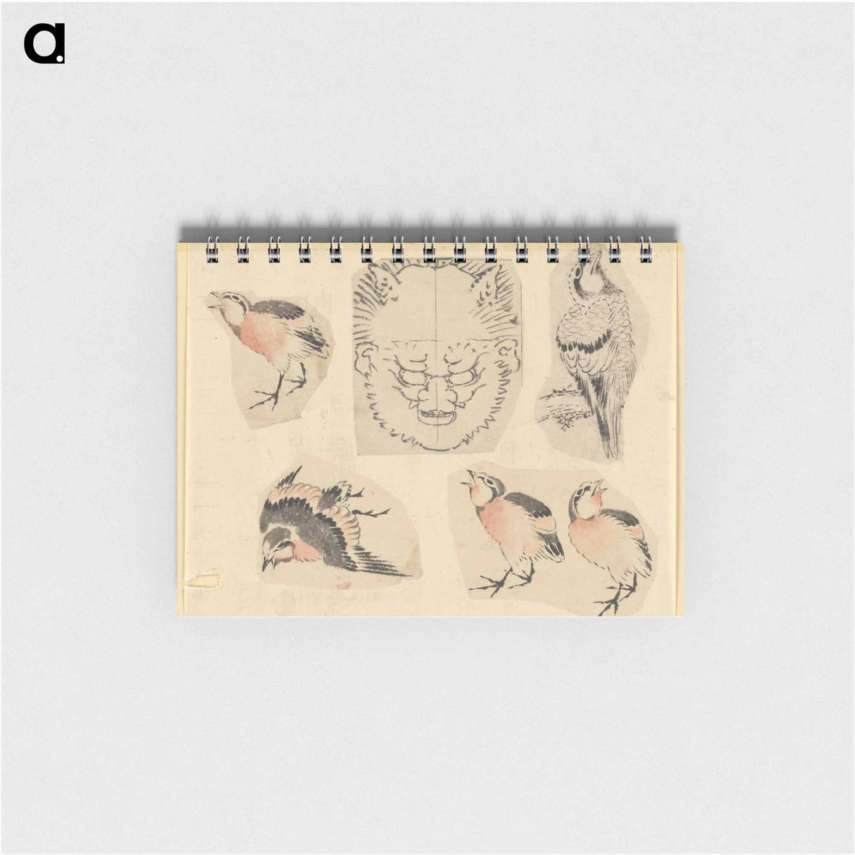 Four sketches of birds and one design for a grotesque mask - 葛飾 北斎 Memo.