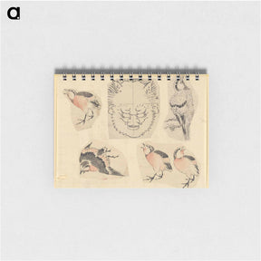 アートメモ帳-Four sketches of birds and one design for a grotesque mask - 葛飾 北斎 Memo.