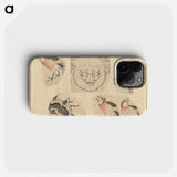 Four sketches of birds and one design for a grotesque mask - Katsushika Hokusai Phone Case.
