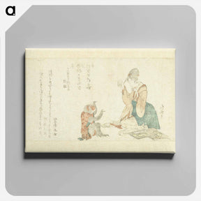 アートパネル-Vrouw speelt met aap - 葛飾 北斎 Canvas.