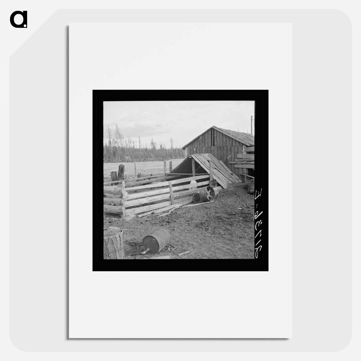 Farm buildings, slab construction, on new stump farm. Boundary County, Idaho. - Dorothea Lange Poster.