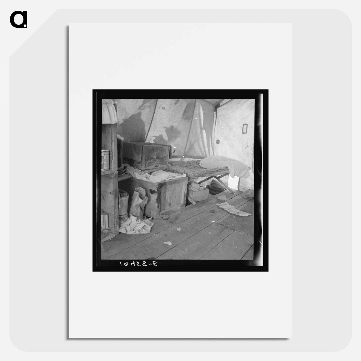 Untitled photo, possibly related to: Tent interior in a pea pickers' camp. Food supply and household equipment. Santa Clara County, California - Dorothea Lange Poster.