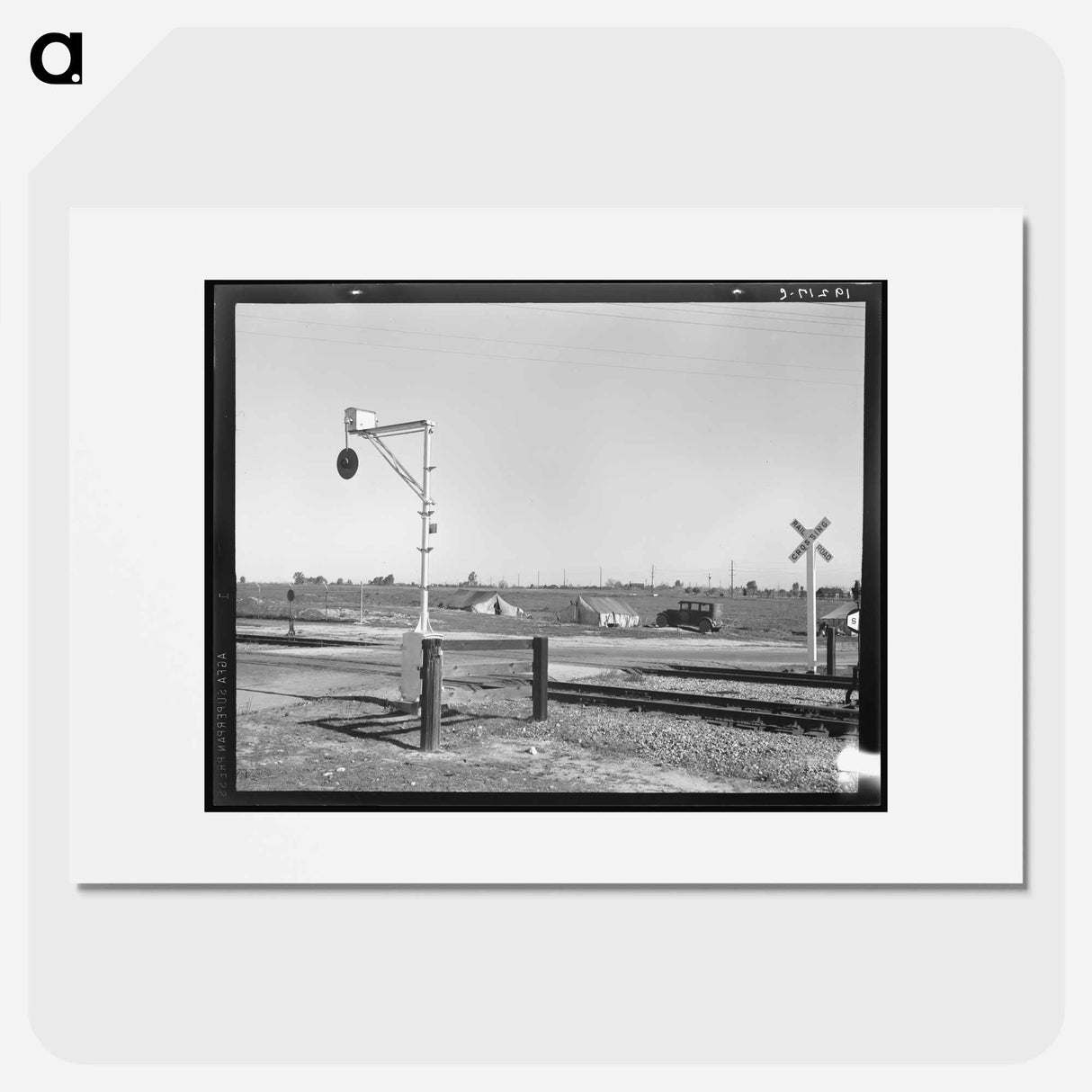 Migrants' tents are a common sight along the right of way of the Southern Pacific. Near Fresno, California. Sourced from the Library of Congress. - Dorothea Lange Poster.