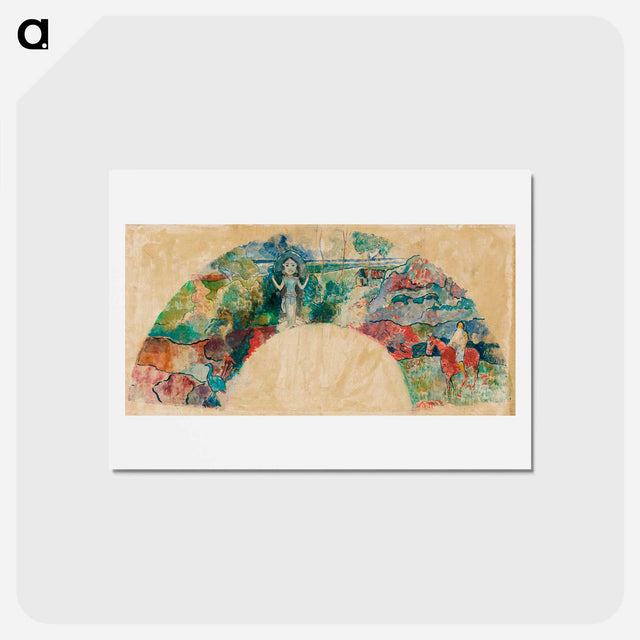アートポストカード-Design for a Fan Featuring a Landscape and a Statue of the Goddess Hina - ポール ゴーギャン Postcard.
