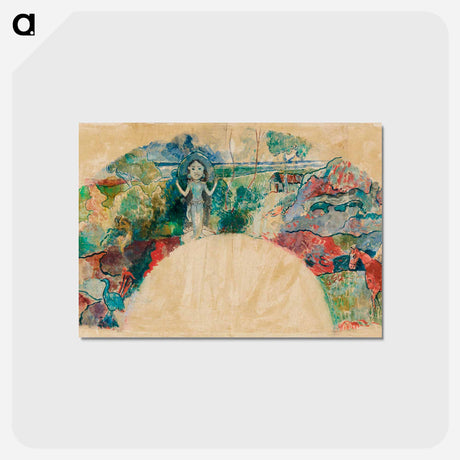 アートポストカード-Design for a Fan Featuring a Landscape and a Statue of the Goddess Hina - ポール ゴーギャン Postcard.