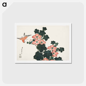 アートポストカード-Red Roses and Bird - 葛飾 北斎 Postcard.