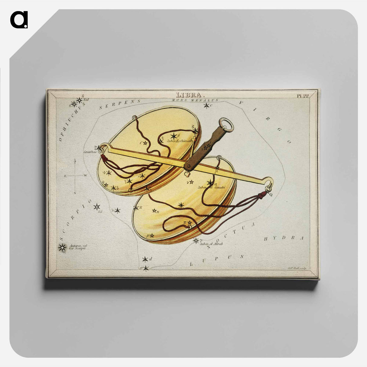 Sidney Hall’s astronomical chart illustration of the Libra - アンティーク地図 Canvas.