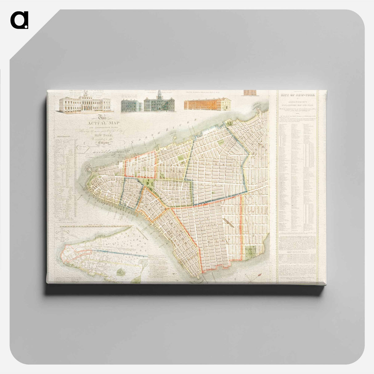 The City of New York: Longworth's Explanatory Map and Plan - アンティーク地図 Canvas.