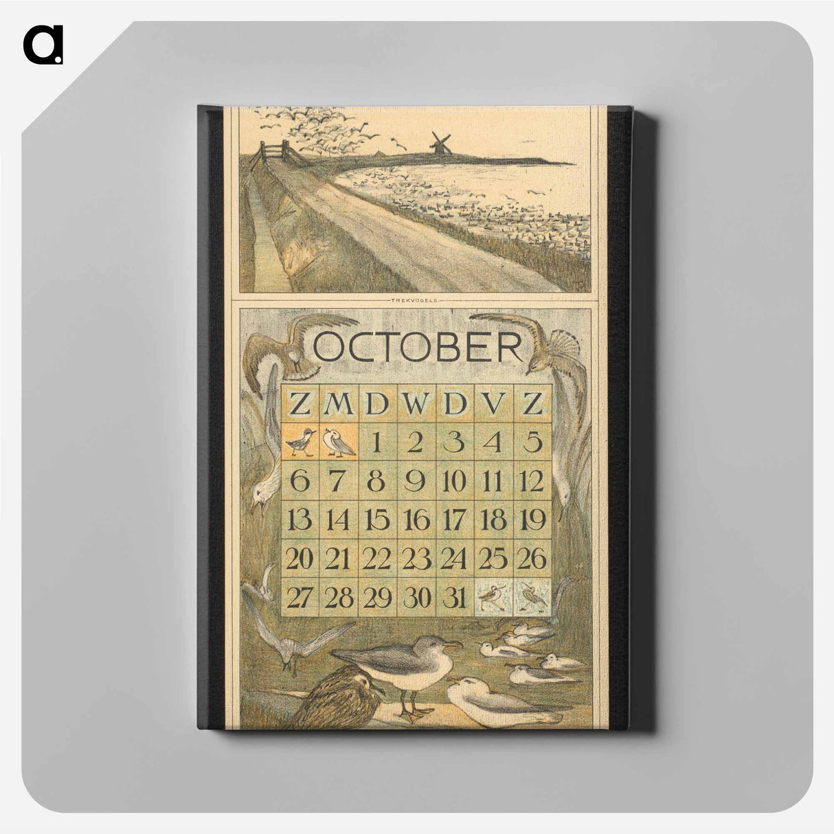 Kalenderblad voor oktober met trekvogels langs een dijk en meeuwen by Theo van Hoytema - Theo van Hoytema Canvas.