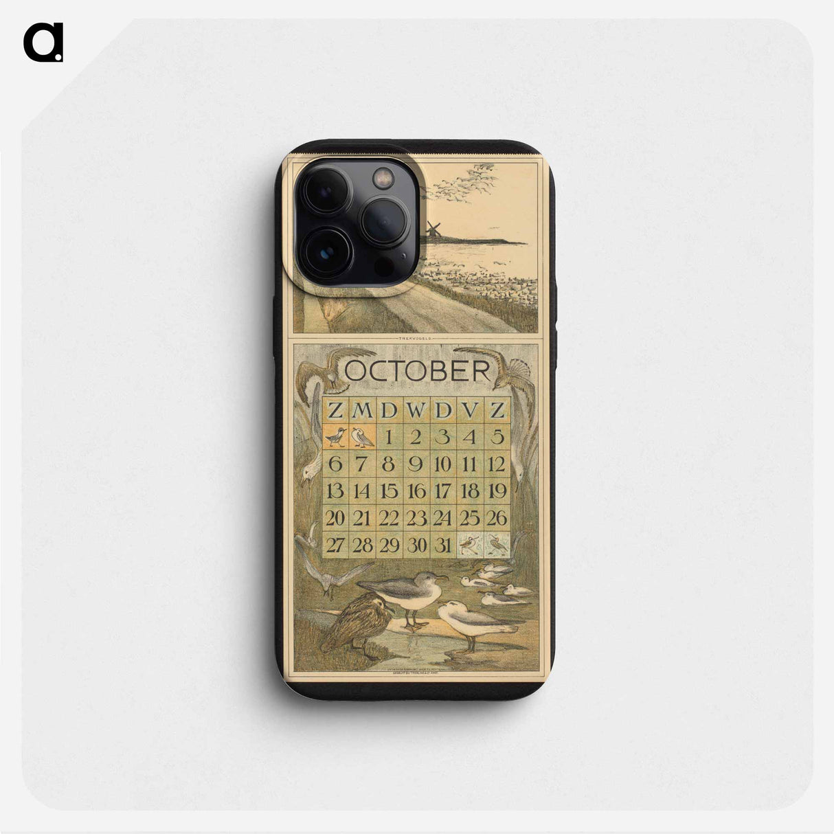 Kalenderblad voor oktober met trekvogels langs een dijk en meeuwen by Theo van Hoytema - テオ ファン ホイテマ Phone Case.