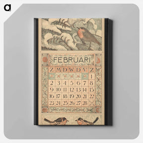 アートパネル-Kalenderblad voor februari 1913 met een roodborstje op een besneeuwde boomtak - テオ ヴァン ホイテマ Canvas.