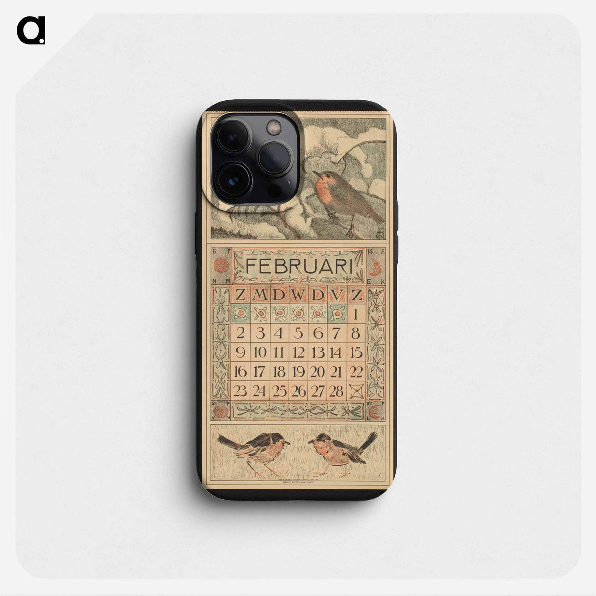 Kalenderblad voor februari 1913 met een roodborstje op een besneeuwde boomtak - Theo van Hoytema Phone Case.
