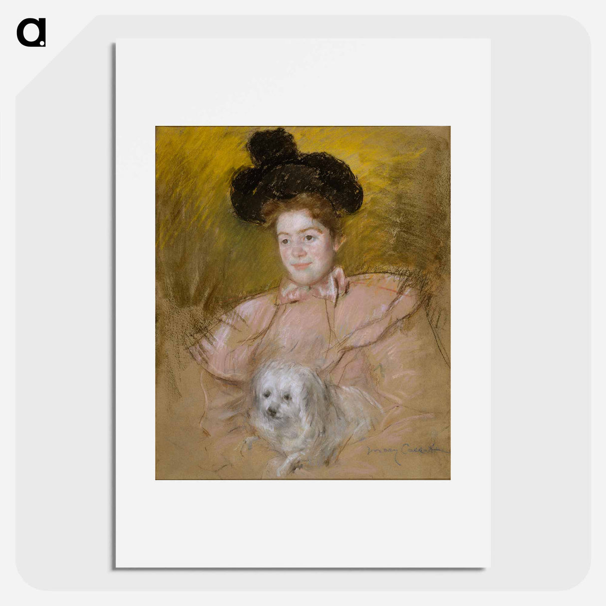 Woman in Raspberry Costume Holding a Dog - メアリー カサット Poster.