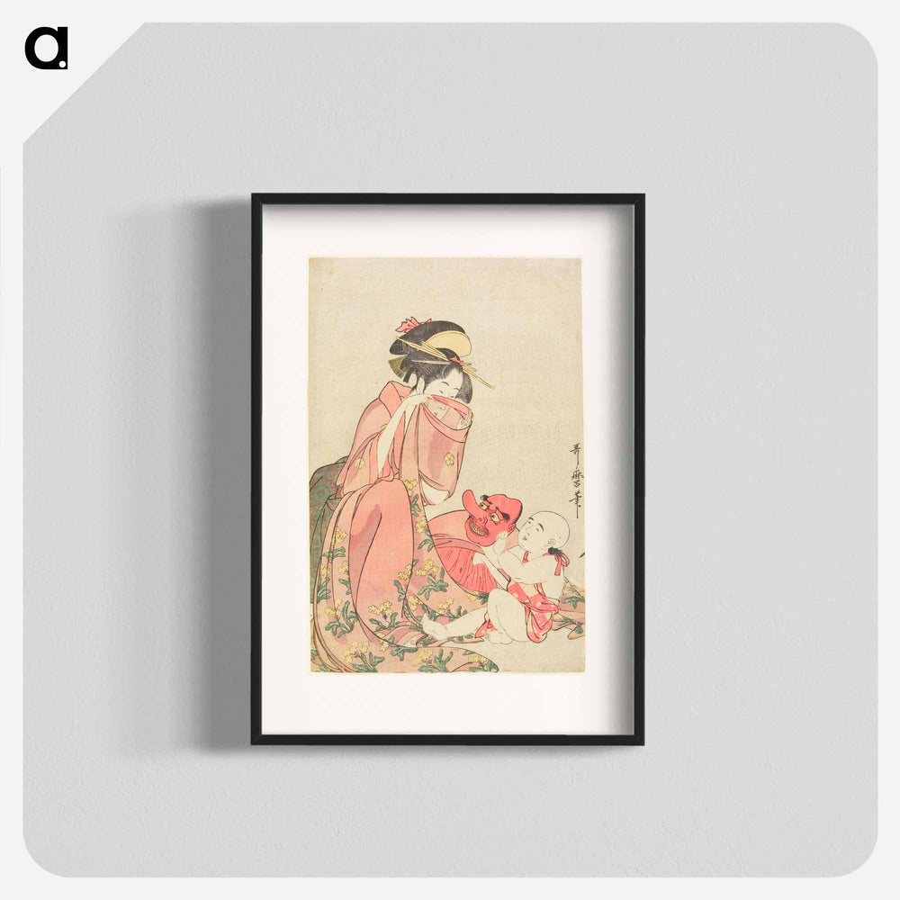 Woman Playing with a Child with a Tengu Mask - 喜多川 歌麿 Poster.