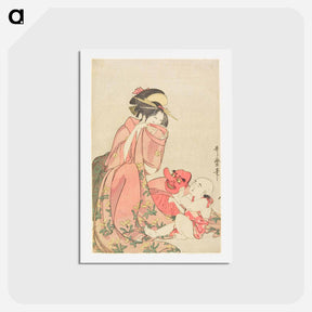 アートポストカード-Woman Playing with a Child with a Tengu Mask - 喜多川 歌麿 Postcard.