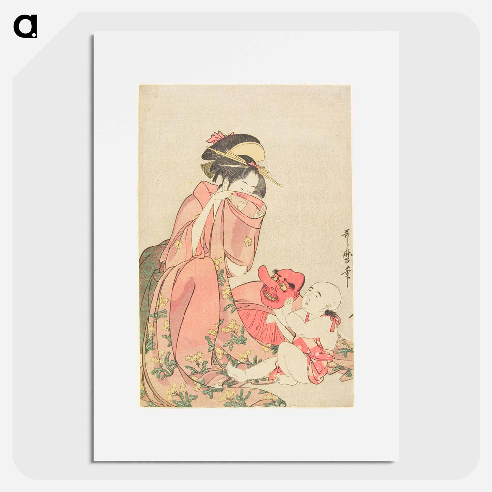 Woman Playing with a Child with a Tengu Mask - 喜多川 歌麿 Poster.