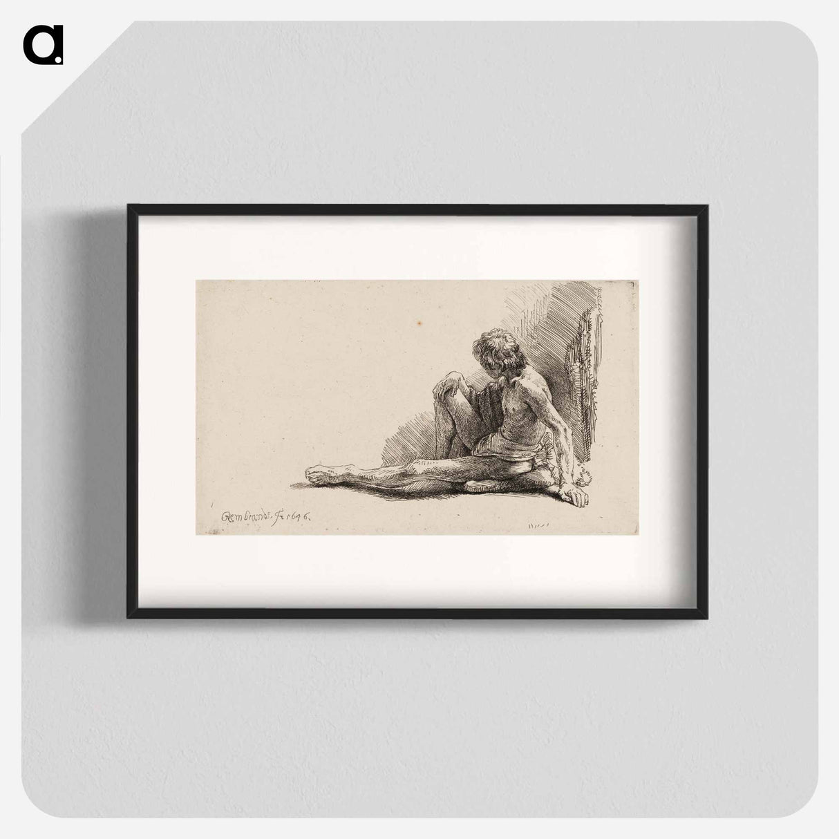 アートポスター-Nude Man Seated on the Ground with One Leg Extended - レンブラント ファン レイン Poster.