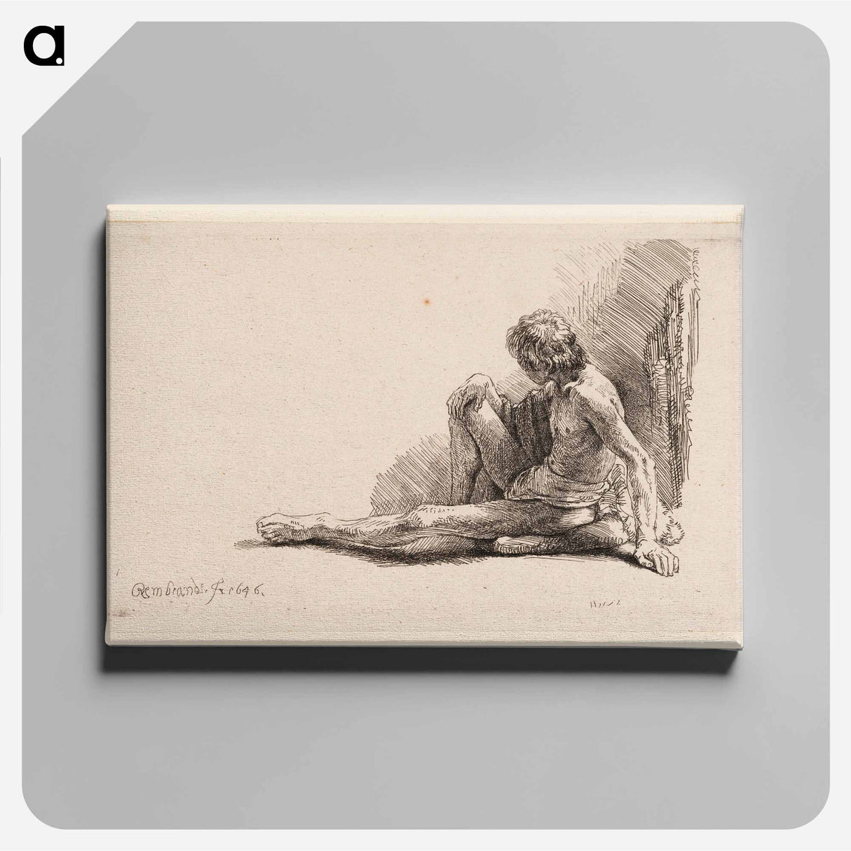 Nude Man Seated on the Ground with One Leg Extended - Rembrandt van Rijn Canvas.