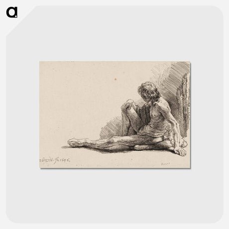 アートポストカード-Nude Man Seated on the Ground with One Leg Extended - レンブラント ファン レイン Postcard.