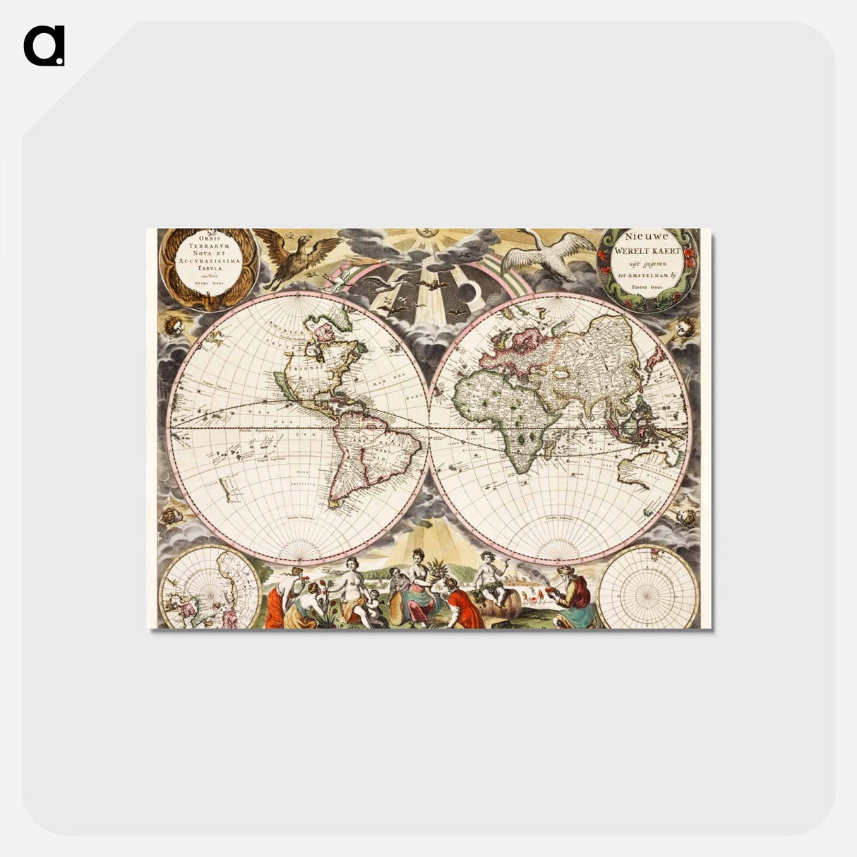 アートポストカード-Nieuwe Werelt kaert - アンティーク地図 Postcard.