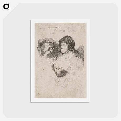 アートポストカード-Three Heads of Women, One Asleep - レンブラント ファン レイン Postcard.