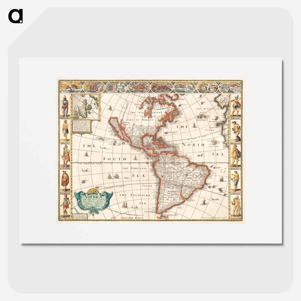 America with those known parts in that unknowne worlde both people and manner of buildings - アンティーク地図 Poster.