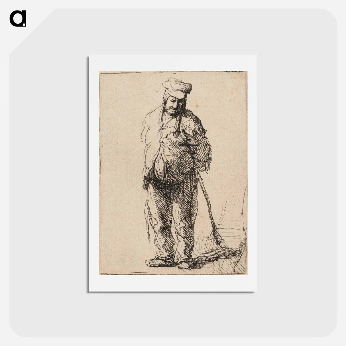アートポストカード-Ragged Peasant with His Hands behind Him, Holding a Stick - レンブラント ファン レイン Postcard.